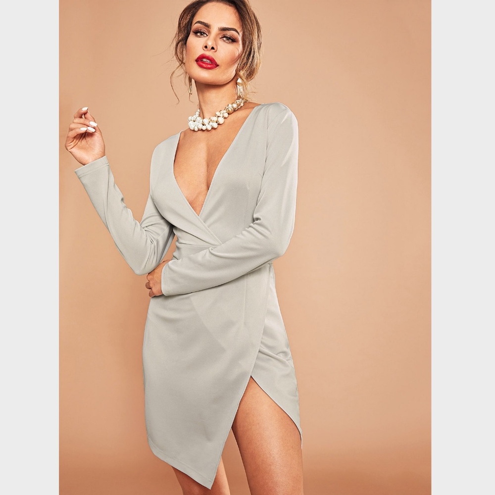 Plunge V-Neck Wrap Dress Asymmetrical Grey Slim - Picture 5 of 6